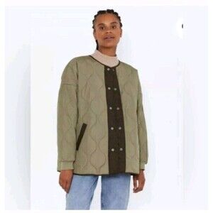 NEW Noisy May Quilted Oversized Jacket Womens M Green Maggy Snap Button Coat